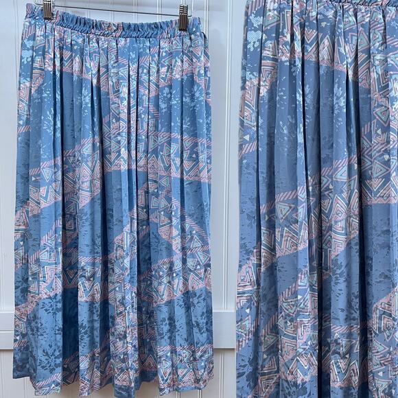 Vintage Blue Abstract Geometric Print Pleated Maxi Skirt Medium Made In Canada - Picture 1 of 8